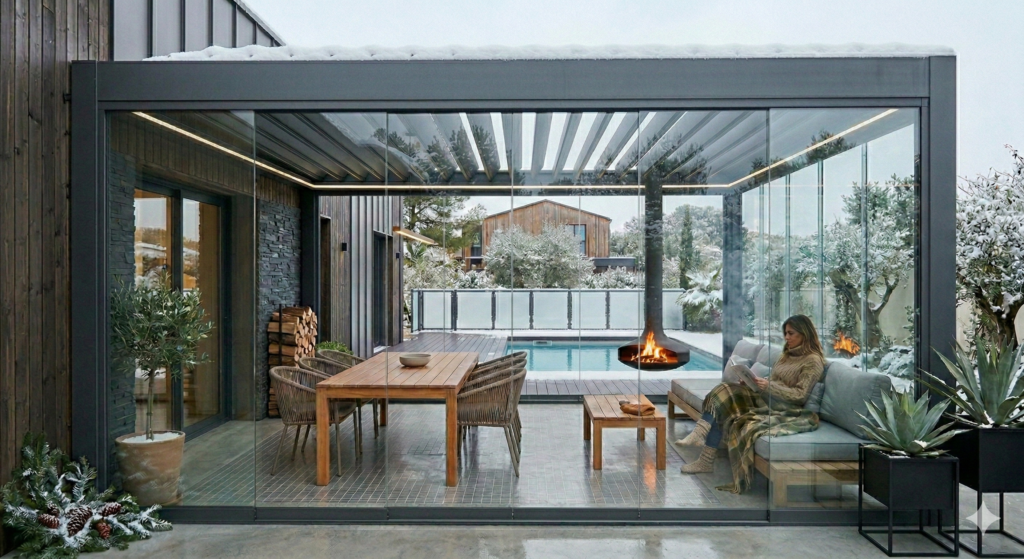 Pergola biocliamtica con cerramiento de cristal cerrada